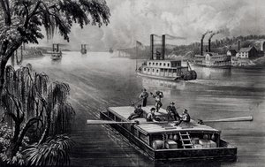 Gebonden de Rivier Af, uitgegeven door Currier en Ives, 1870 door American School